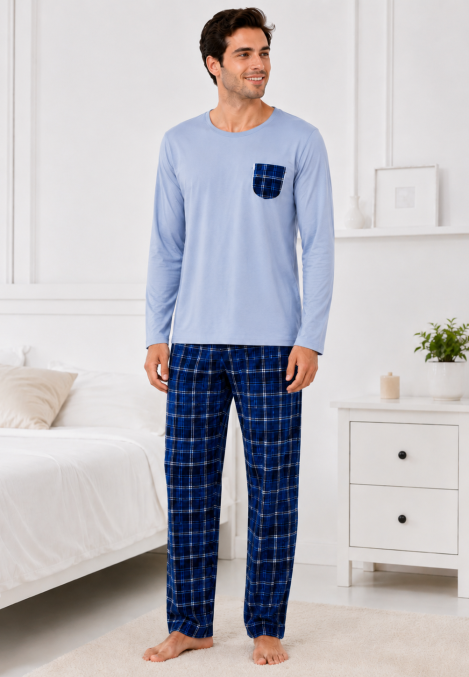 Pijama barbati Serena cu maneca lunga si pantalon lung-Bleu,Engros